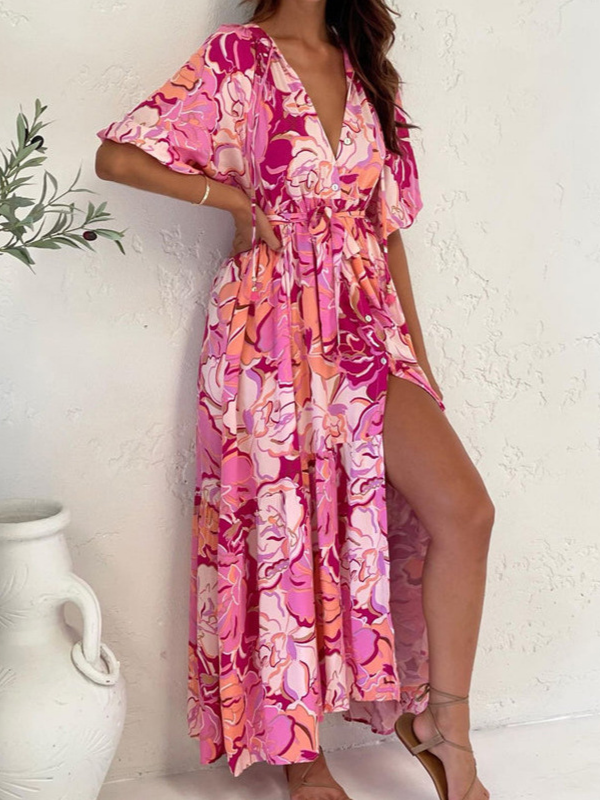 Women's Pink Floral Dress Loose V-Neck Slit Maxi Holiday Dress