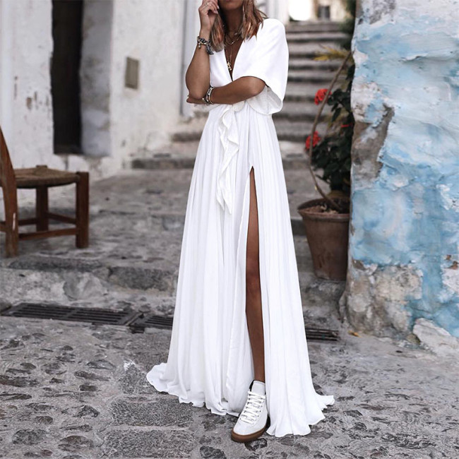 Women Solid Color Maxi Dress Deep V Short-Sleeved Slit Long Casual Dress