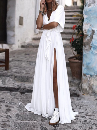 Women Solid Color Maxi Dress Deep V Short-Sleeved Slit Long Casual Dress