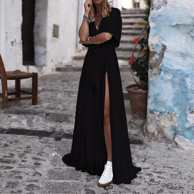 Women Solid Color Maxi Dress Deep V Short-Sleeved Slit Long Casual Dress