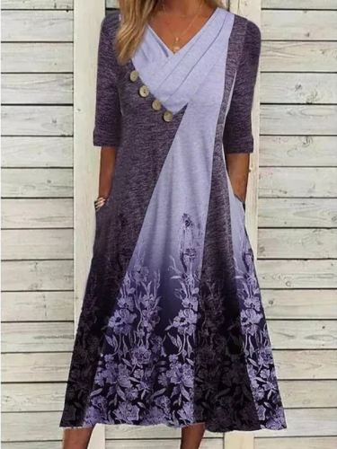 Women's Floral Purple Printed Cross-Neck Button Midi Casual A Line Dress