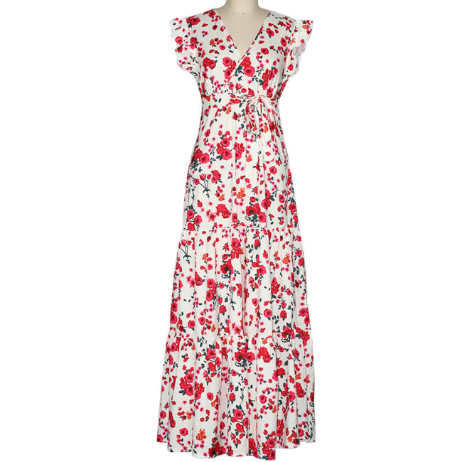 Women's Bohemian Dress V-Neck Belt Lace Up Floral Print Holiday Maxi Dress