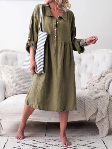 Women's Midi Dress Solid Color Basic Lapel Button Down Long Sleeve Loose Linen Dress