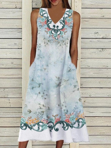 Ethnic Floral Printed Vintage V-Neck Sleeveless Pocket Big Swing Midi Dress