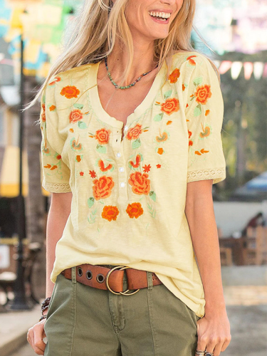 2022 Women's Floral Print Crew Neck Short Sleeve Casual Loose T-Shirt