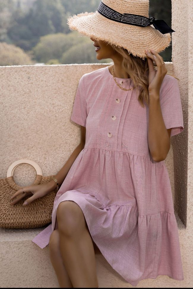 Button Tiered Short Sleeve Pink Casual Holiday Mini Dress