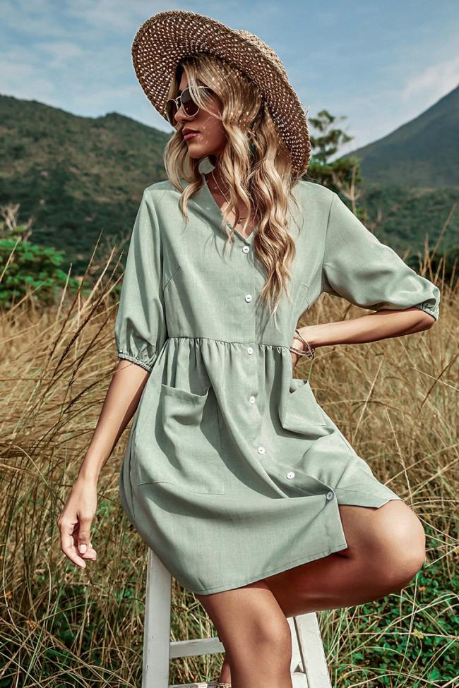 Button Down V-Neck Mini Dress with Pockets