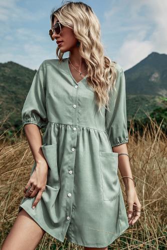 Button Down V-Neck Mini Dress with Pockets