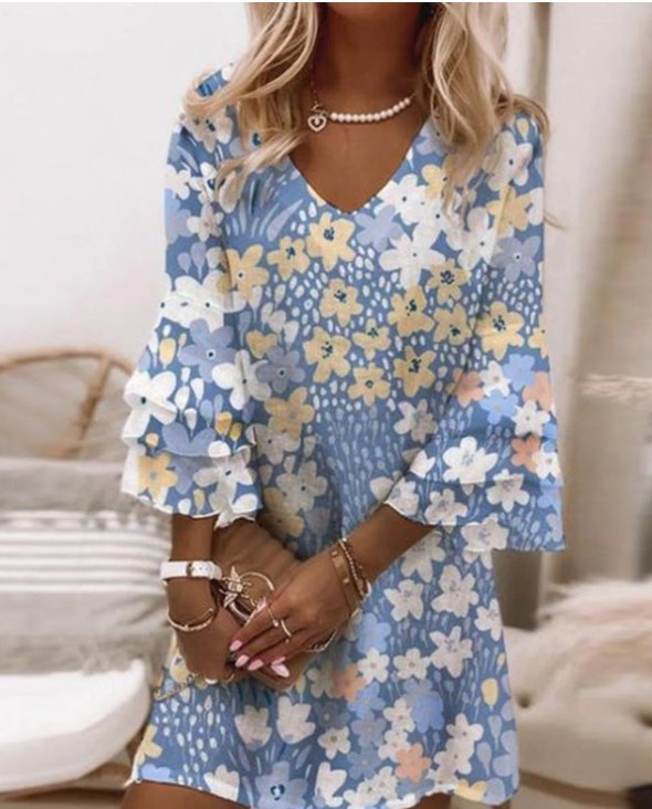 2022 Women's Floral Print V-neck 3/4 Ruffle Sleeve Loose Casual Holiday Midi Dress