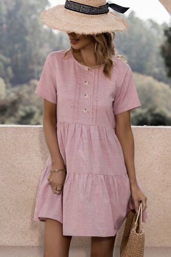 Button Tiered Short Sleeve Pink Casual Holiday Mini Dress