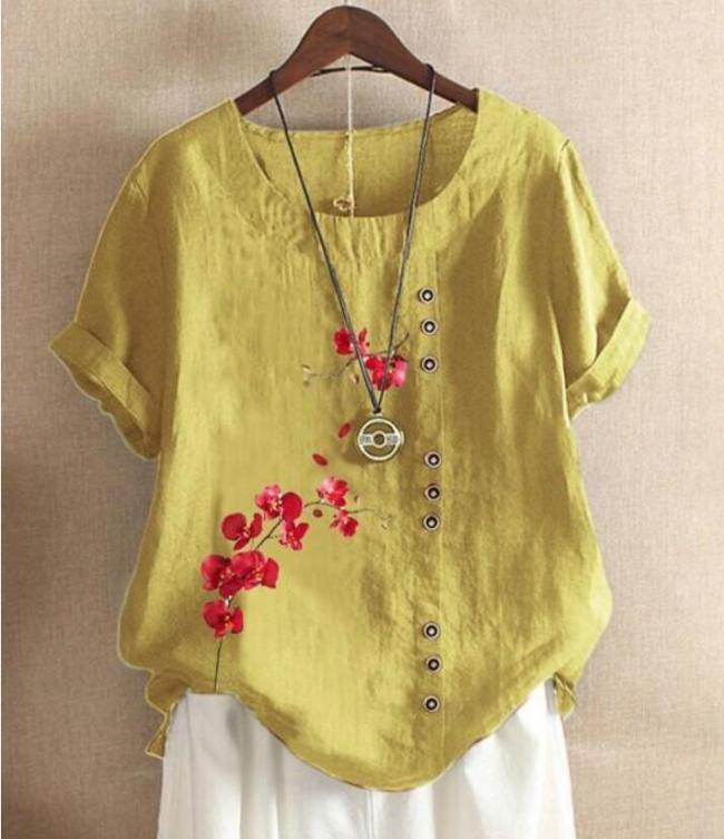 Vintage Cotton Linen Flora Print Loose Casual Short Sleeve T-Shirt
