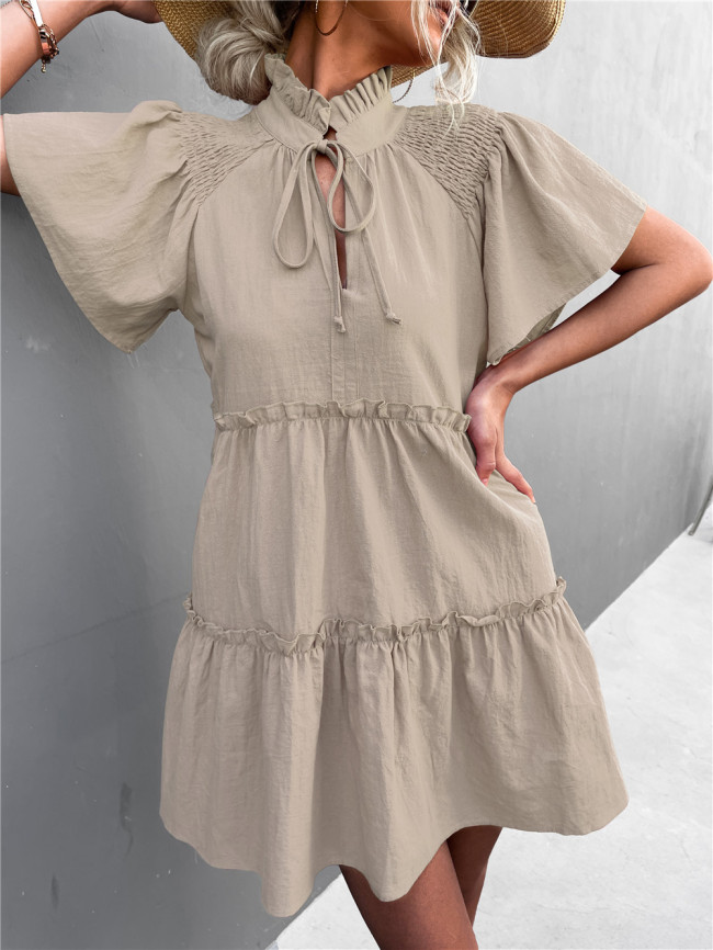 Pleated Tie V-Neck Dress A-Line Mini Dress