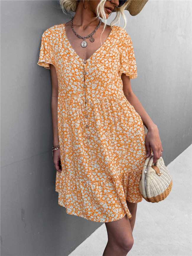 Single Breasted V-Neck Floral Print Mini Dress Women's Summer Boho Dress