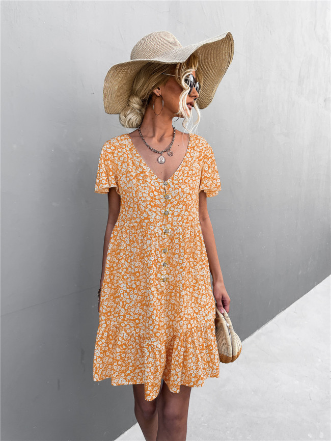Single Breasted V-Neck Floral Print Mini Dress Women's Summer Boho Dress