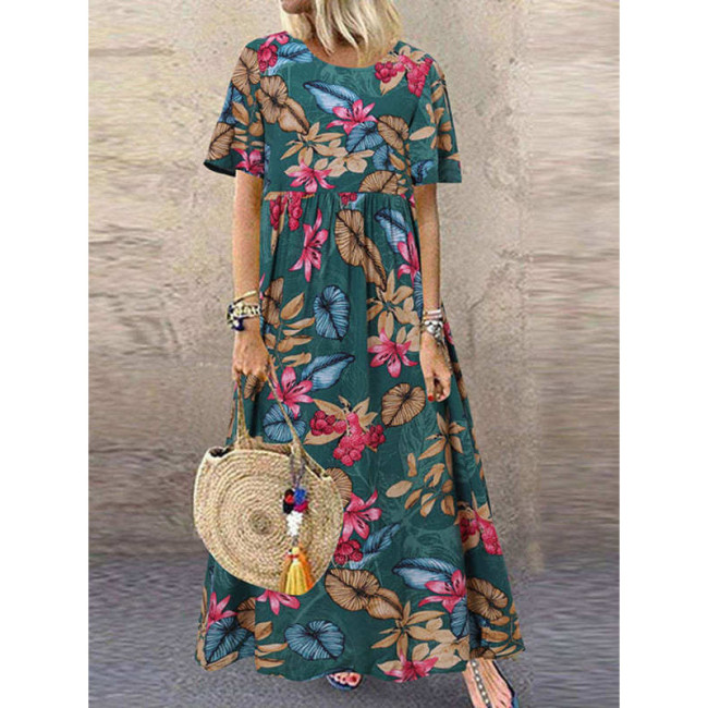 Plus Size Crew Neck Casual Loose Floral Print Short Sleeve Maxi Boho Dress