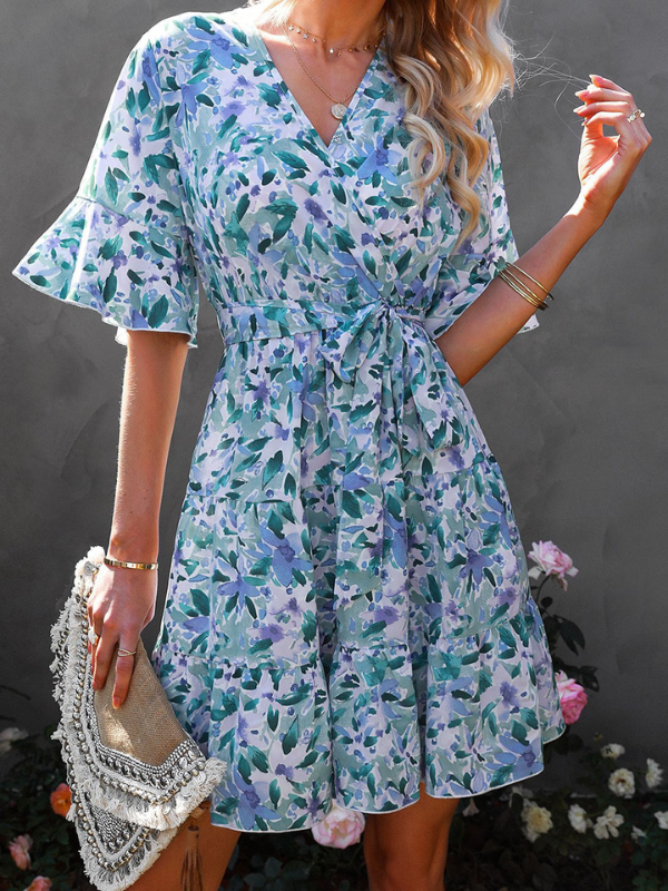 Women's Boho Dress V-Neck Floral Print Mid-Sleeve Beach Holiday Mini Dress