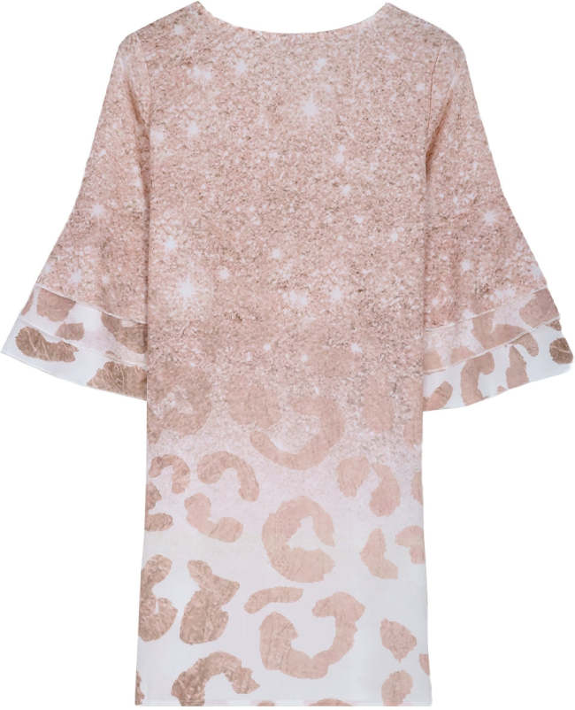 Womens Boho Dresses Pink Leopard Print V-Neck 3/4 Sleeve Dress