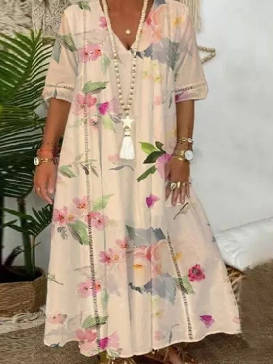 Women's Boho Maxi Dresses Floral Printed V-Neck Short Sleeve Casual Dress