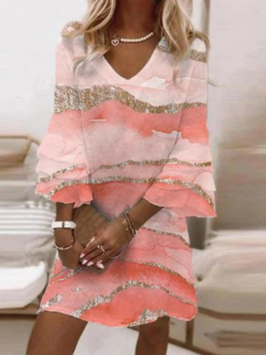 Plus Size Womens Boho Dresses Art Pink Print V-Neck 3/4 Sleeve Dress
