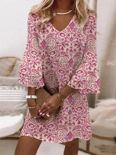 Womens Boho Dresses Pink Geo Print V-Neck 3/4 Sleeve Casual Mini Dress
