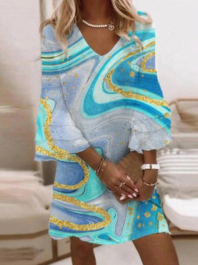 Women's Boho Dresses Multicolor Print V-Neck 3/4 Sleeve Dress