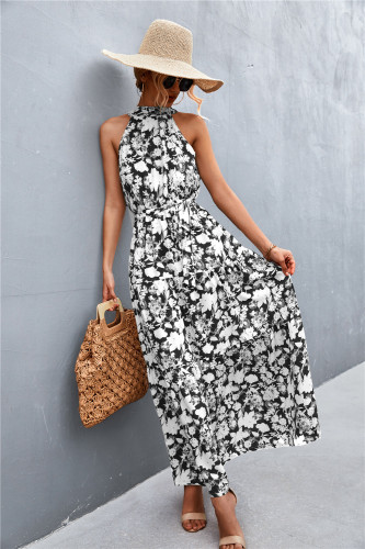 Women's Bohemia Floral Print Sleeveless Maxi Dress Halter Ruffles Party Holiday Dress