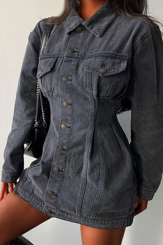 Casual Solid Pocket Buckle Fold Turndown Collar Regular Denim Dresses
