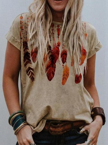 Vintage Aztec Ethnic Horse Print Short Sleeve T-Shirt Western Style Top