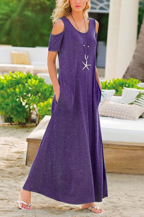 Solid Cold Shoulder Maxi Swing Dress With Pockets