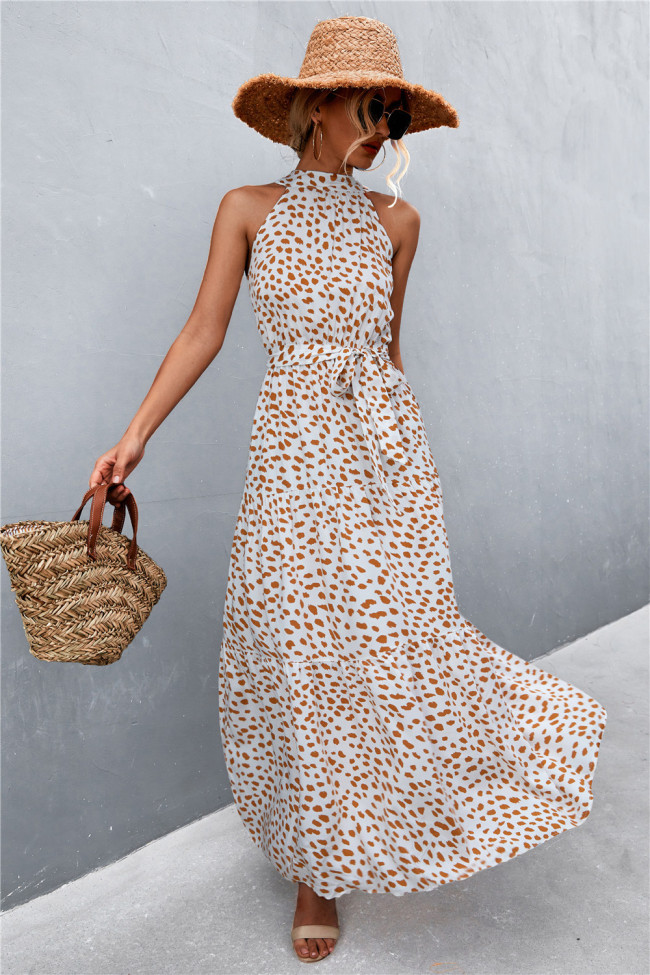 Bohemia Floral Print Sleeveless Maxi Dress Halter Sashes Ruffles Party Dress