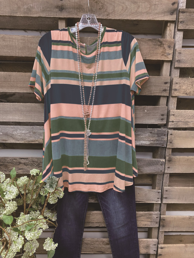 Rainbow Striped Pullover Crew Neck Loose Women's T-Shirt Top