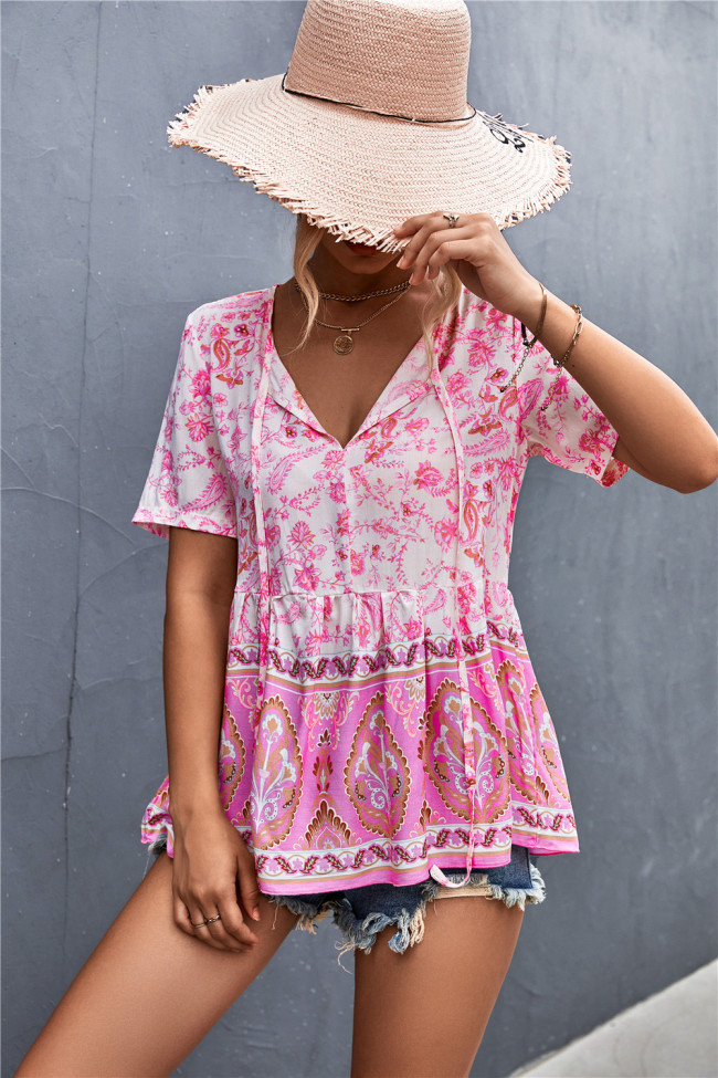 Women's Bohemian Blouse Top Floral Print Loose V-Neck Shirt
