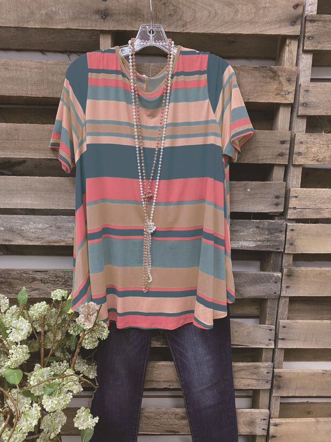 Rainbow Striped Pullover Crew Neck Loose Women's T-Shirt Top