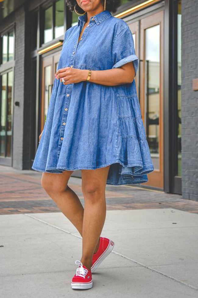 Casual Solid Turndown Collar Cake Skirt Denim Dresses