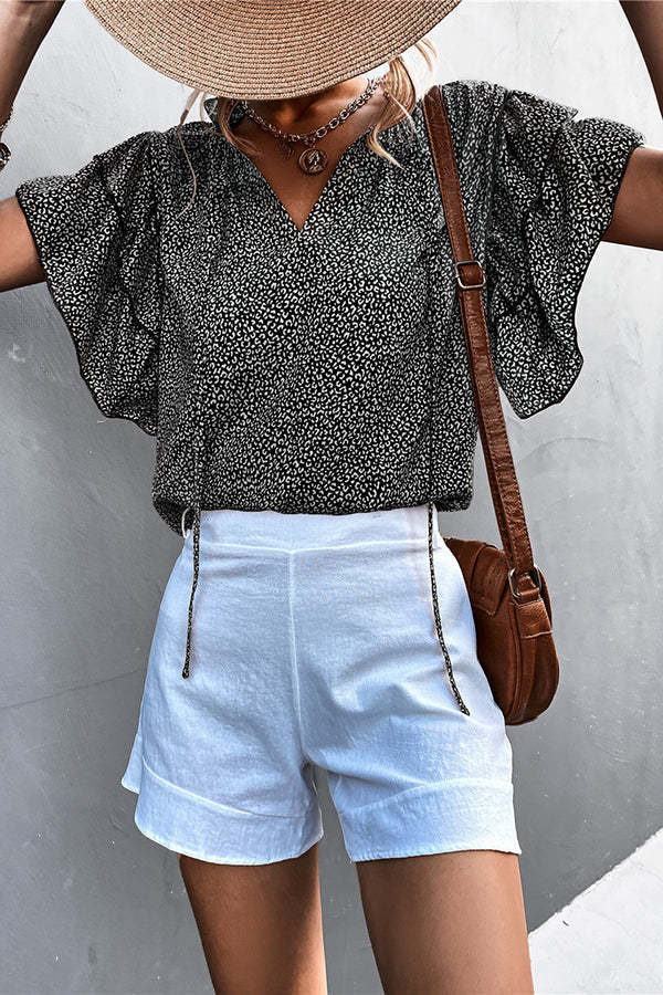 Casual Lace-up V-neck Leopard-print Top