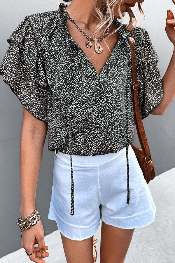 Casual Lace-up V-neck Leopard-print Top