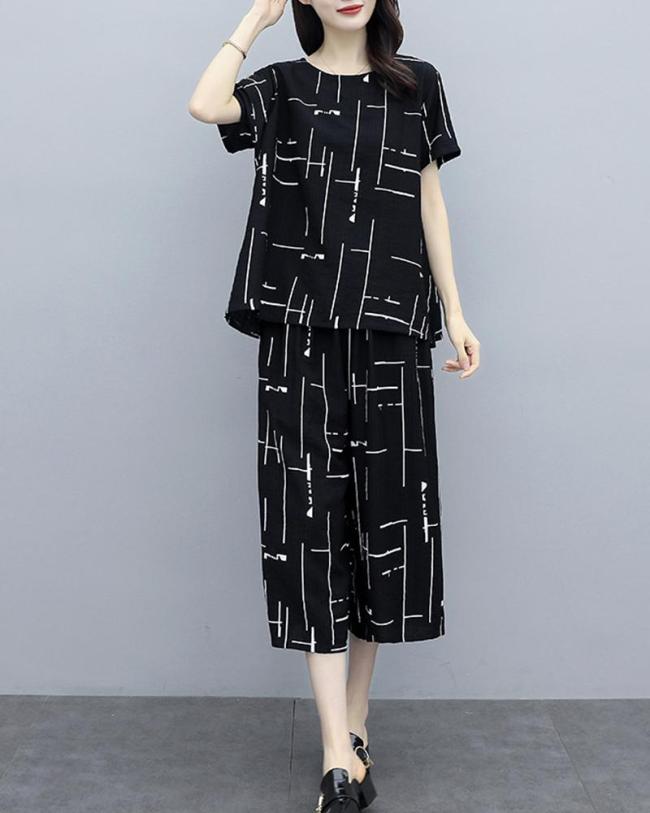 Printing Casual Two-piece 3/4 Length Pants Suits