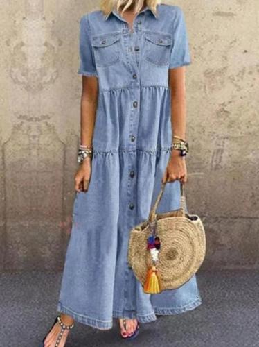 Retro Short Sleeve Denim Long Maxi Dress