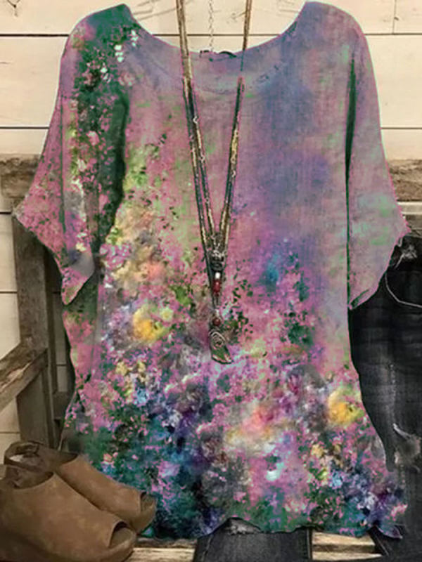 Cotton Blends Loose Oil Painting Print Short-sleeve Blouse