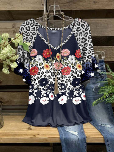 Women's Vintage Flowers V Neck Casual Top