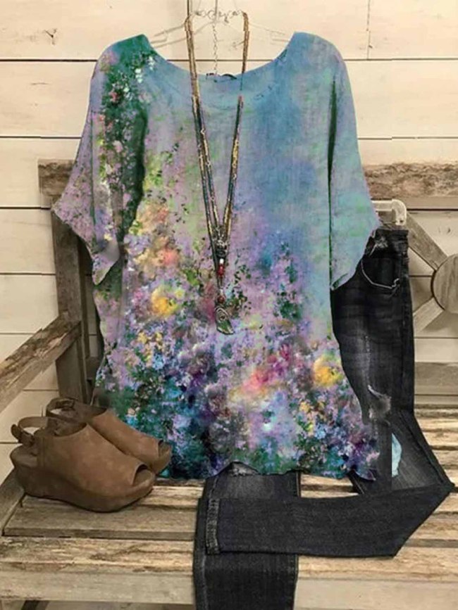 Cotton Blends Loose Oil Painting Print Short-sleeve Blouse