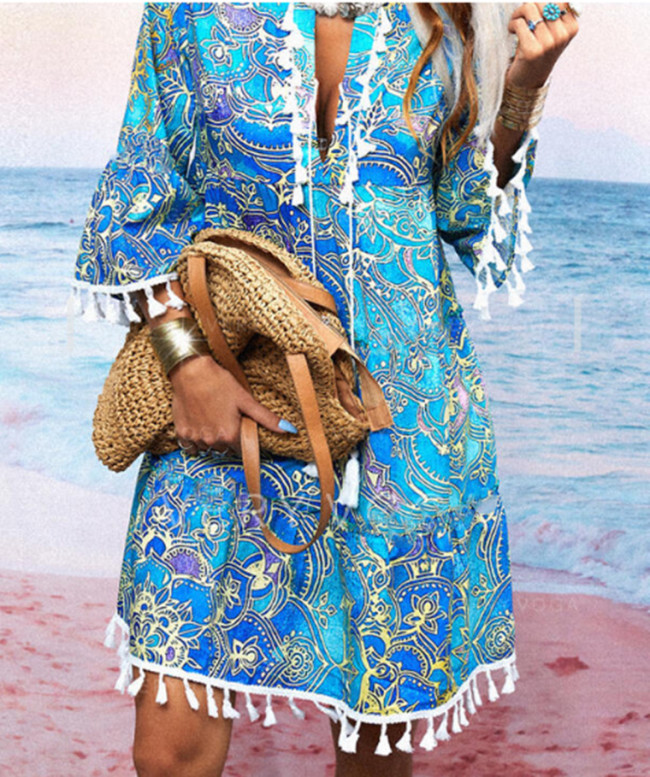 Blue Ethnic Geo Print Tassel Ruffle Sleeve V-neck Min Boho Dress