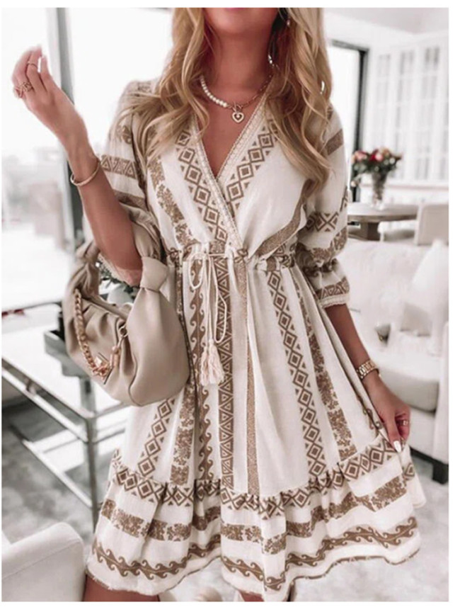 Ethnic Printed V-Neck 3/4 Petal Sleeve Mini Dress