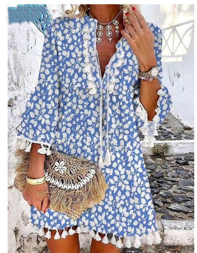 Blue Leaf Print Tassel Ruffle Sleeve V-neck Mini Boho Dress