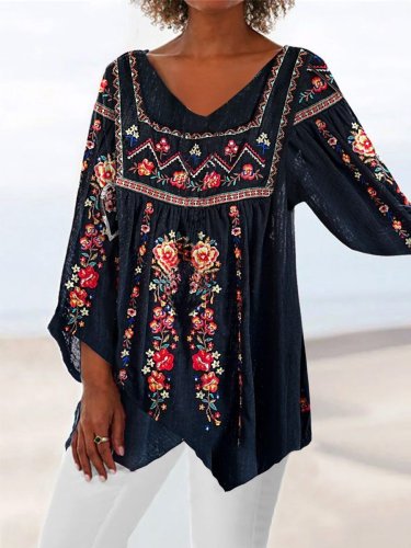 Women's Boho Floral Slouchy 3/4 Sleeve V-Neck Casual Top