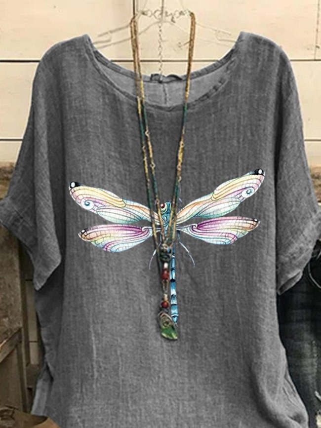 Women's Dragonfly Art Print Short Sleeve Casual Top