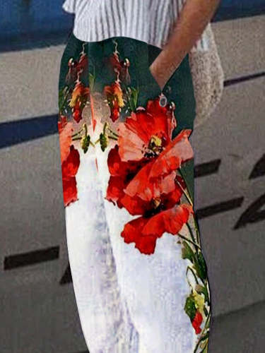 Women's Poppy Flower Printed Pocket Casual Pants
