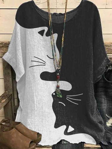 Women's Cat Printed Short Sleeve Crew Neck Loose Casual Top