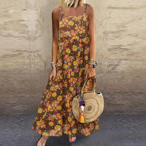 Women's Boho Maxi Dress Little Floral Print Beach Dress Plus Size Slip Dress