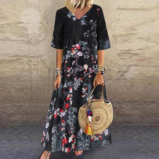 Plus Size Women's Boho Dress Floral Print Mid Sleeve V Neck Loose Holiday Maxi Dress